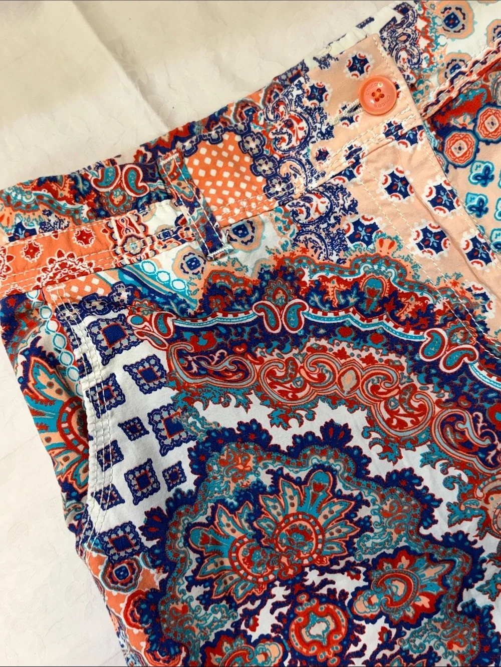 Chico's Coral & Teal Patchwork Print Bermuda Shorts
